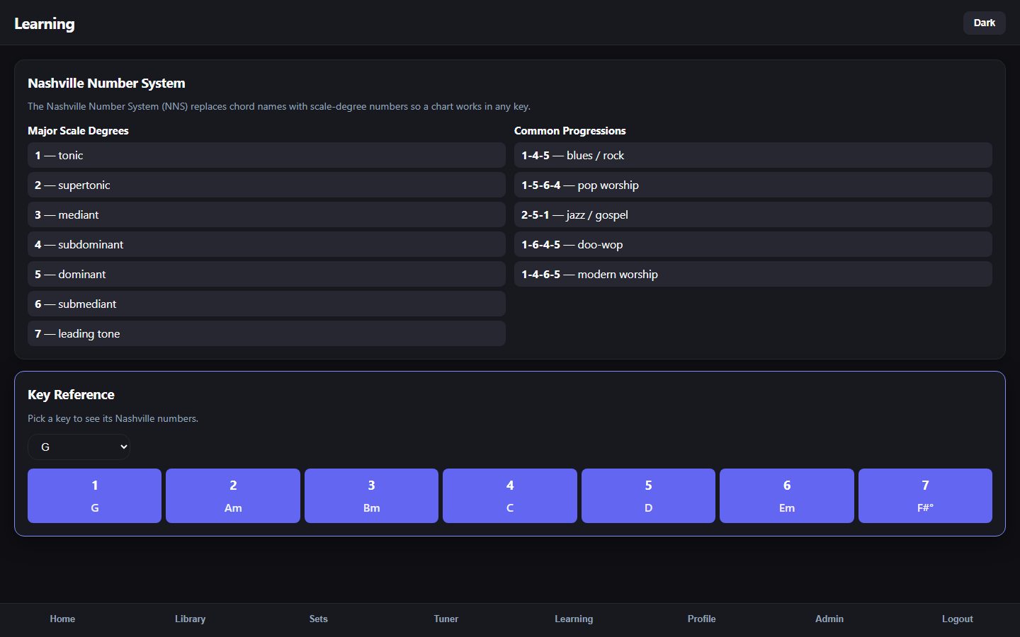 Built-in music theory — Nashville Numbers and interactive key reference