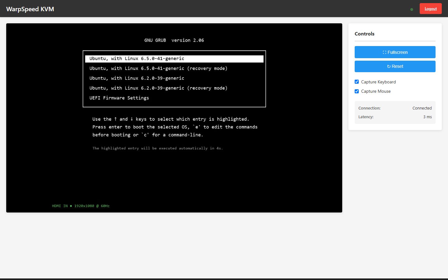 Control panel with live connection and latency readouts